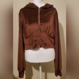 Women's Justify Cropped Velour Zip-Up Hoodie. Brown‎ Size XL